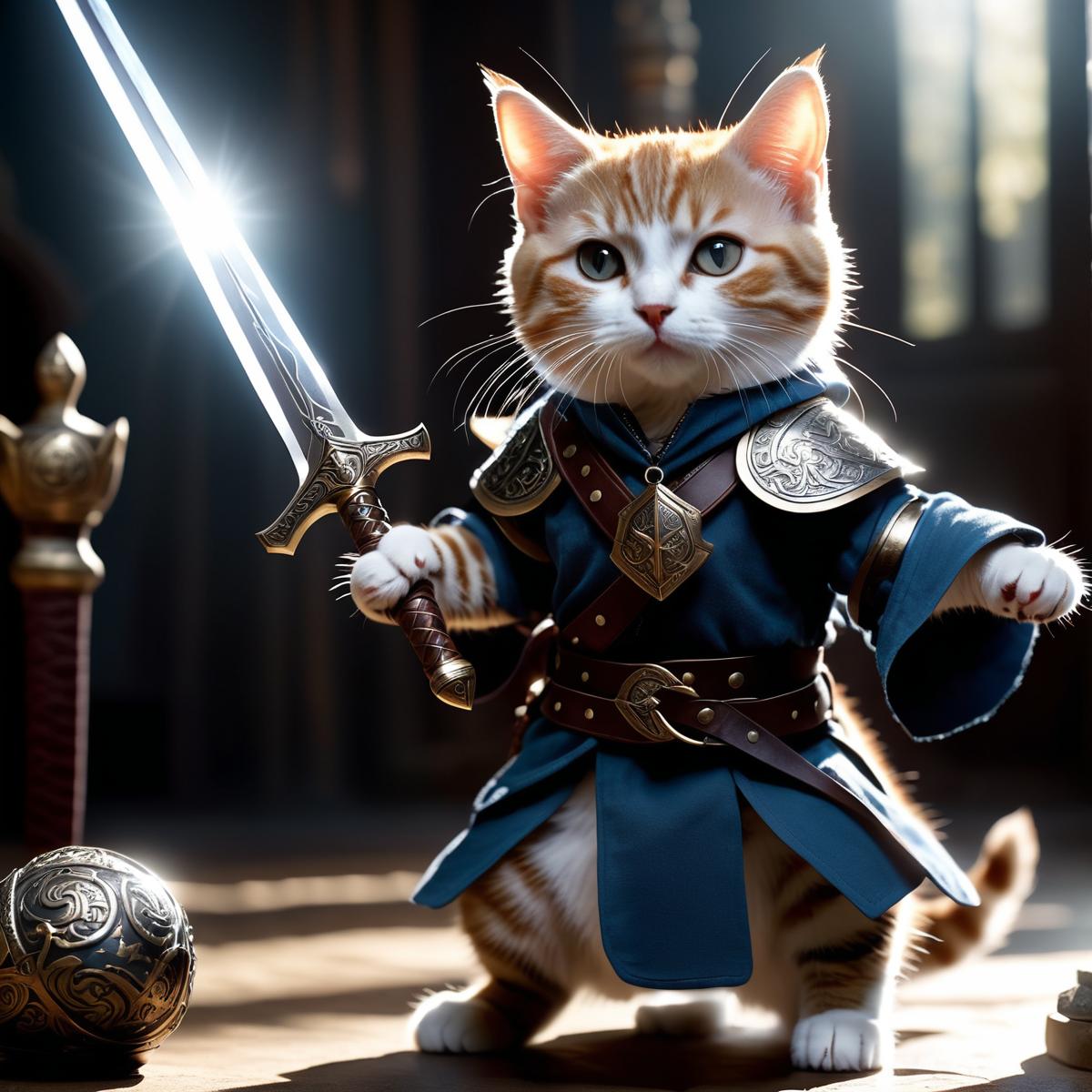 ((photo:1.2)), A cute cat battle mage, sword and shild with runes, dramatic lighting, dynamic pose, dynamic camera,masterp...